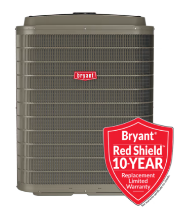 Outside unit of a Bryant AC system with red 10-year warranty shield Outside unit of a Bryant AC system with red 10-year warranty shield